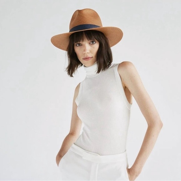 Janessa Leone ‘Panton’ Tan Straw Hat with Navy Blue Lamb Leather Band main image 15